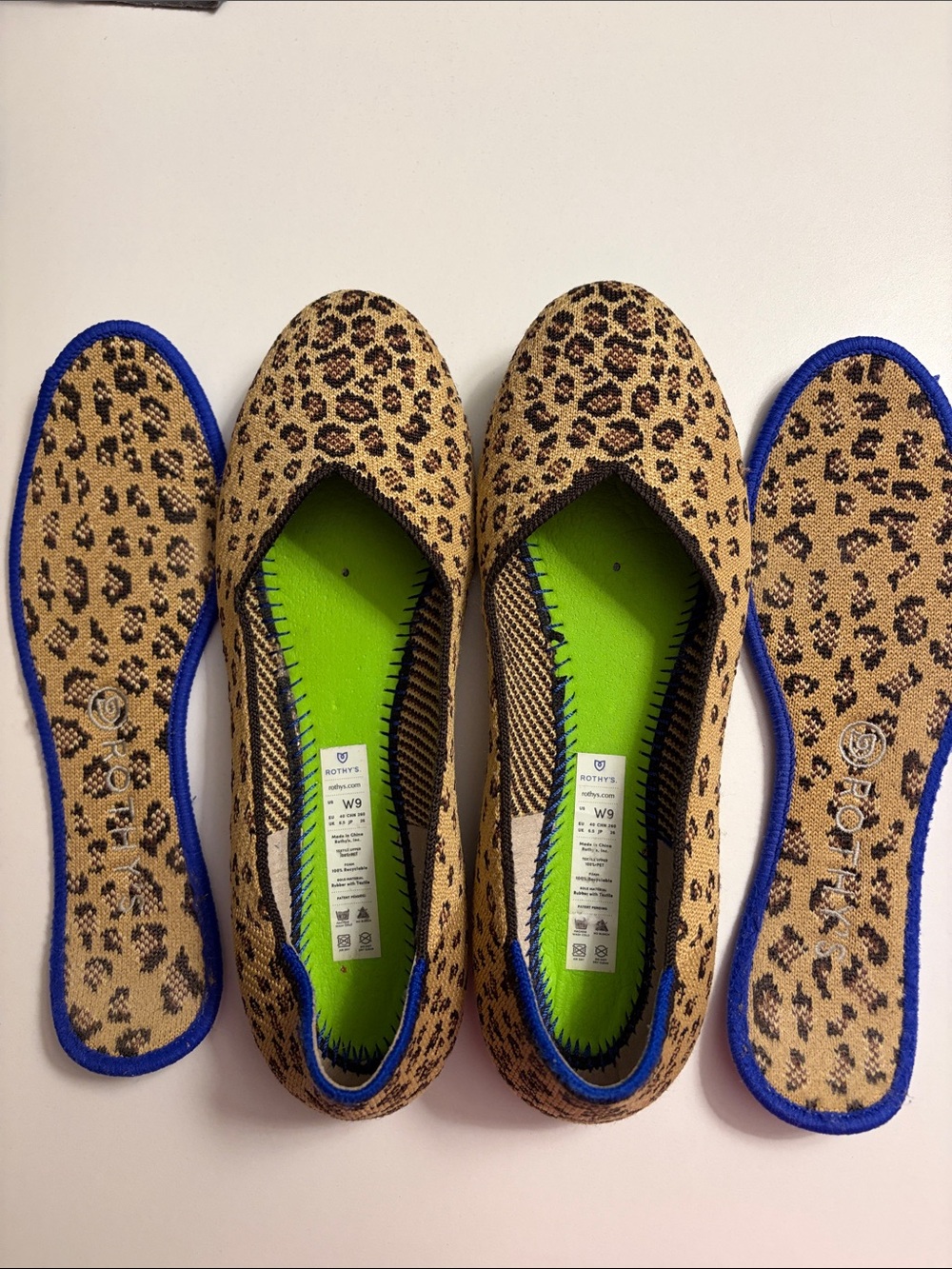 Rothy's Leopard Print Flats with Blue Trim and Lime Insole